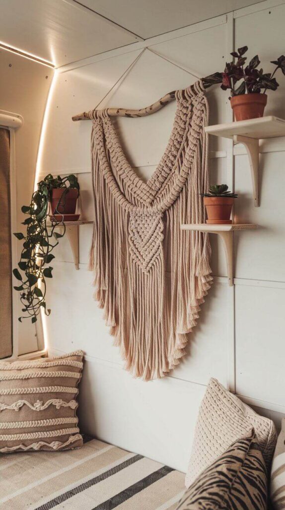 1. Boho RV Wall with Macrame Floating Shelves 1